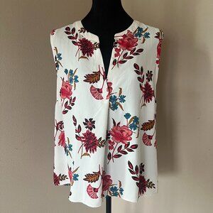 LOFT Plus Mixed Media Shell Blouse - Size 16W - White Pink Blue Floral
